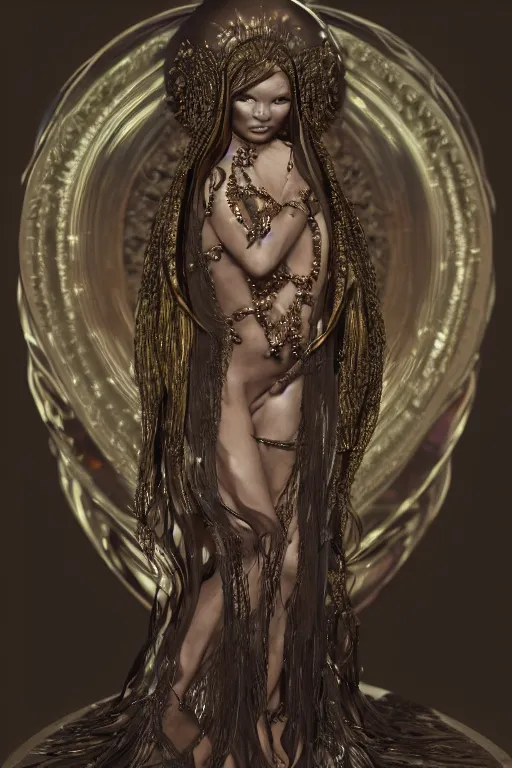 Image similar to a realistic dark photo of a beautiful ancient alien woman goddess kate moss standing in jewelery and fractals in style of alphonse mucha art nuvo trending on artstation made in unreal engine 4