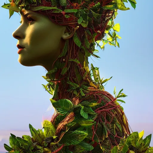 Image similar to a giant woman made of vines and leaves and a crown made of flowers towering over a tropical island, Dramatic Lighting, Trending on Artstation HQ, 4K, UHD.