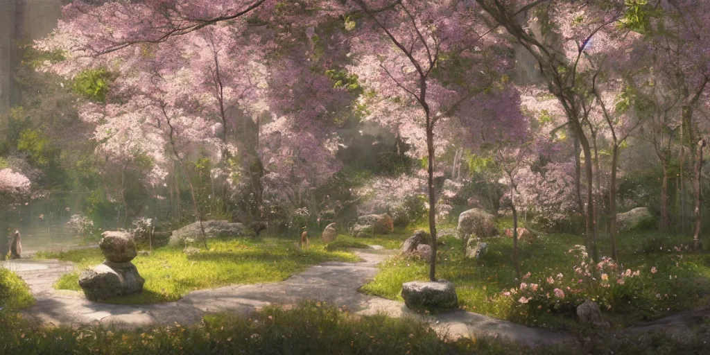 Image similar to spiritual journey through the garden of eden, sakura trees, sakura season dynamic lighting, landscape, artwork by jeremy lipkin and giuseppe dangelico pino and other unknown artists, 1 0 0 mm