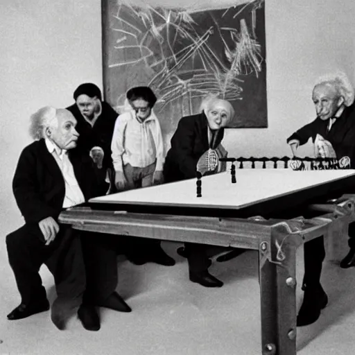 Prompt: Picasso, Einstein and Stephen Hawking play table soccer photo
