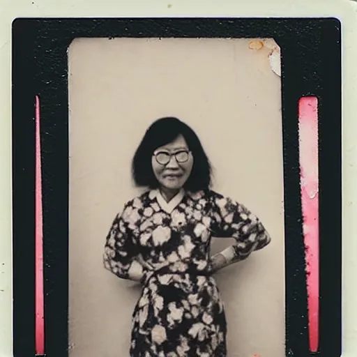 Prompt: polaroid photo of an old chinese singaporean woman with permed hair, glasses, wearing a floral dress