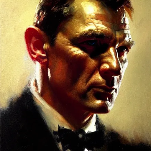 Prompt: portrait of james bond, detailed face, detailed painting, epic lighting, by ilya repin, phil hale and kent williams