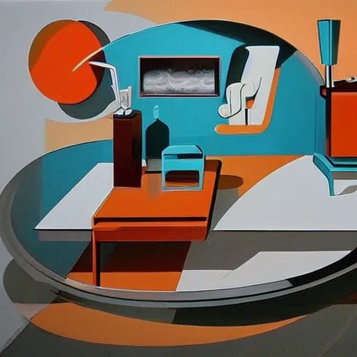 Image similar to futuristic mid century modern furniture and appliances, highly detailed painting