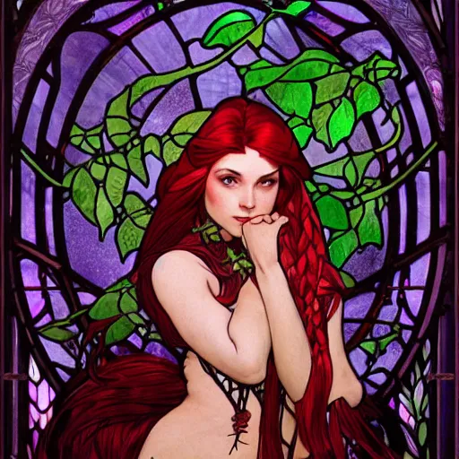 Prompt: a stunning stained glass window of ariel dressed as a beautiful poison ivy with hair tied in a braid, dark eyeliner, intricate, elegant, highly detailed, digital painting, artstation, concept art, sharp focus, illustration, art by jugendstil and greg rutkowski and alphonse mucha