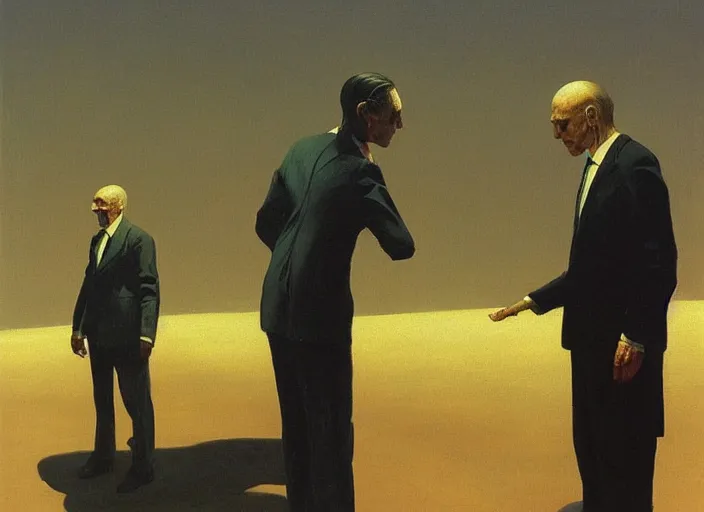 Prompt: portrait painting of two business men making a deal, science fiction, Edward Hopper and James Gilleard, Zdzislaw Beksinski, highly detailed