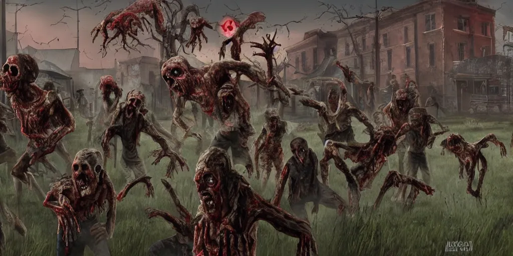 Image similar to Zombies wandering through a Midwestern town, a single giant zombie made out of other zombies, high quality fantasy art, 4k
