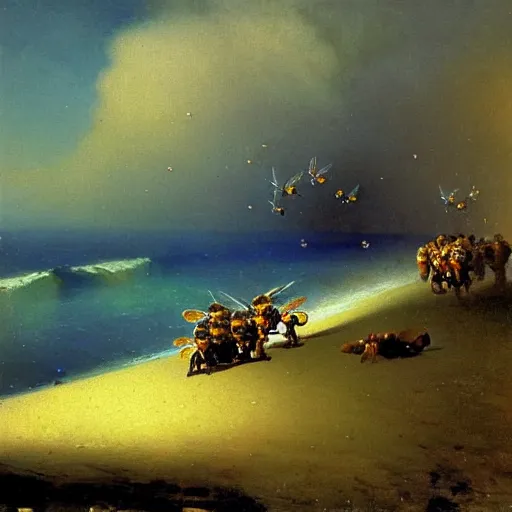 Prompt: Dwarf bees landing in Normandy, 1944, Aivazovsky.