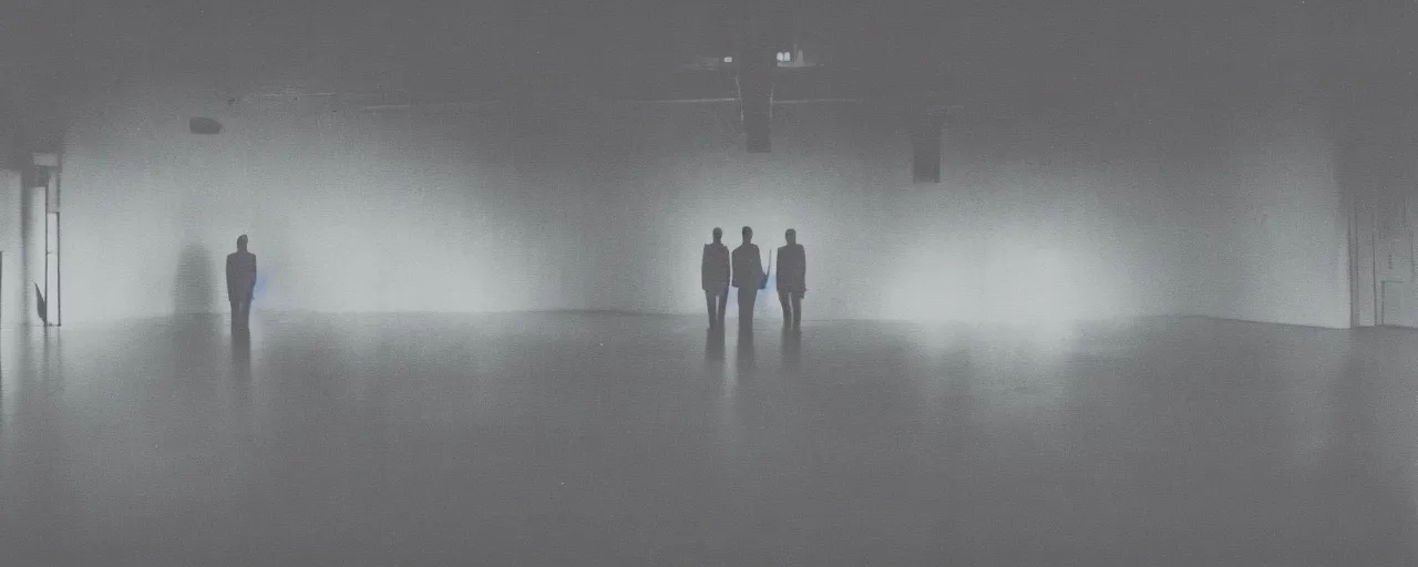 Image similar to Two male silhouettes on an empty theatre stage, polaroid picture, colour, bright