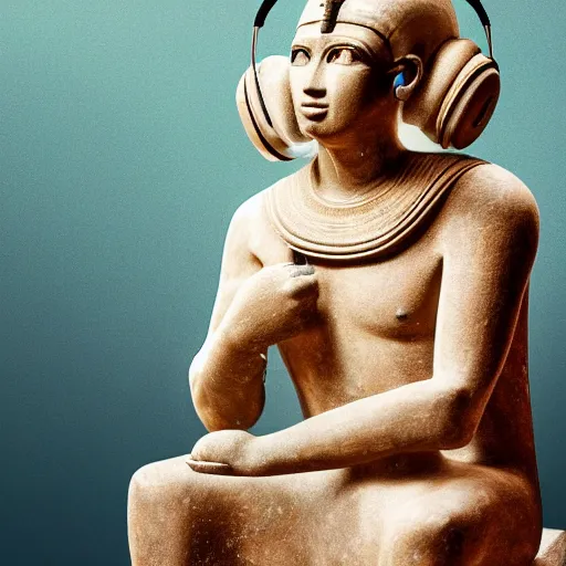 Prompt: hd photo of ancient egyptian RowLow listening to music with headphones and holding his smartphone