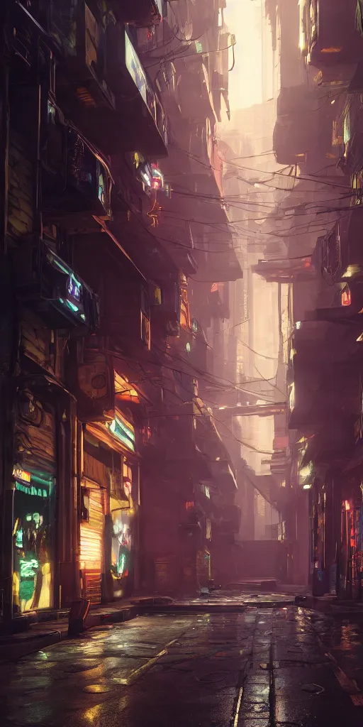 Prompt: cyberpunk alley by alphonse charles le brun, 8 k, raytracing, unreal engine 5,