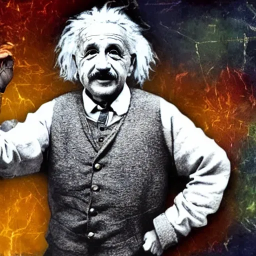 Image similar to photo in color of albert einstein in a rap battle. highly detailed, 4 k, realistic.