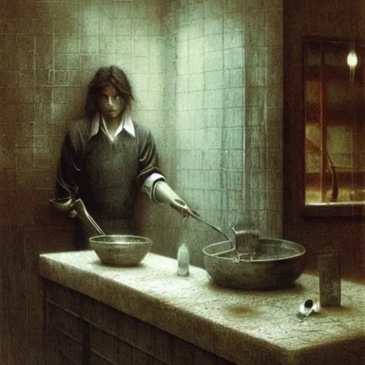 Image similar to Johny Depp washing dishes by Zdzislaw Beksinski