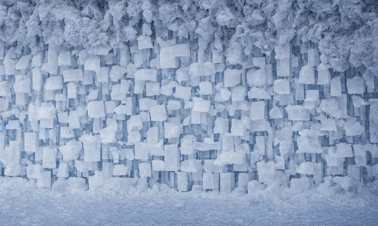 Image similar to a wall made of stacked ice in distance snowstorm ， high quality, octane render ， icey tundra, snowy landscape