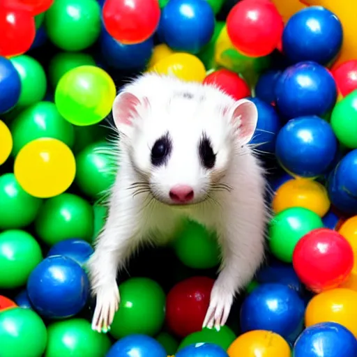 Prompt: ferret with clown makeup, in a ball pit