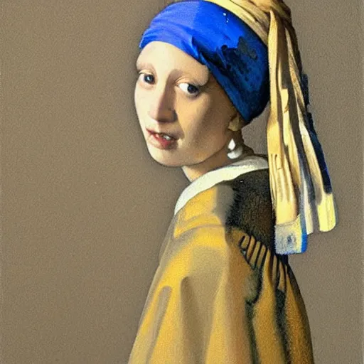 Image similar to a woman with a cat face with a Pearl Earring by Johannes Vemeer, masterpiece, old master,