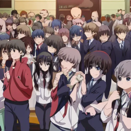 Image similar to crowd of human boys surrounding cute anime girl