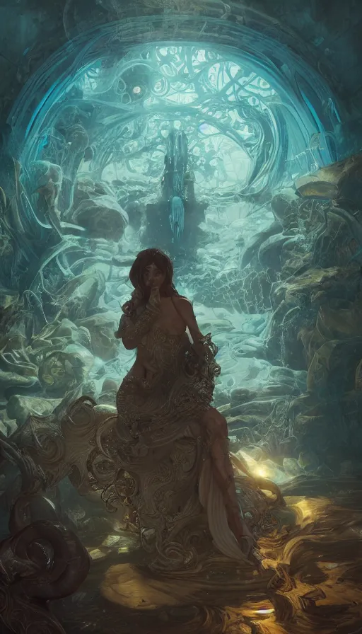 Prompt: soul hunters underwater, fame of thrones, lord of daggers, neon, fibonacci, sweat drops, insane, intricate, highly detailed, digital painting, artstation, concept art, smooth, sharp focus, illustration, Unreal Engine 5, 8K, art by artgerm and greg rutkowski and alphonse mucha