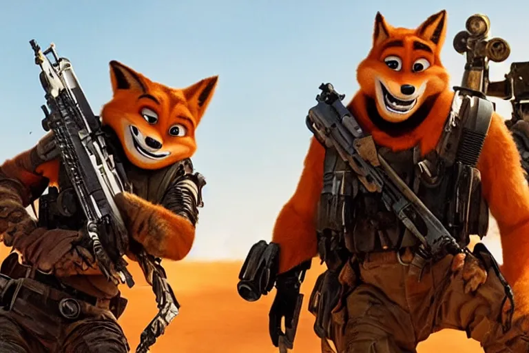 Image similar to nick wilde, heavily armed and armored facing down armageddon in a dark and gritty reboot from the makers of mad max : fury road