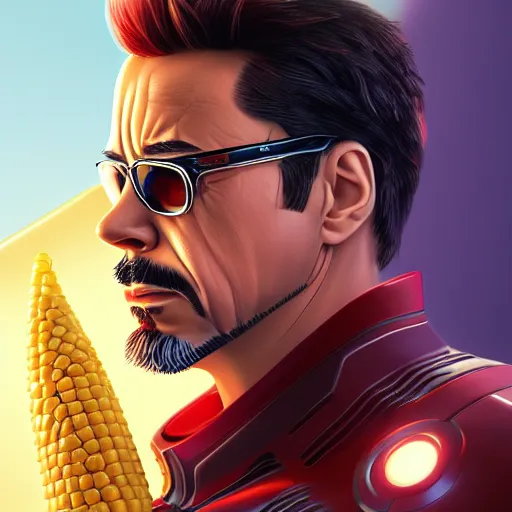 Image similar to tony stark is corn on the cob, hyperdetailed, artstation, cgsociety, 8 k