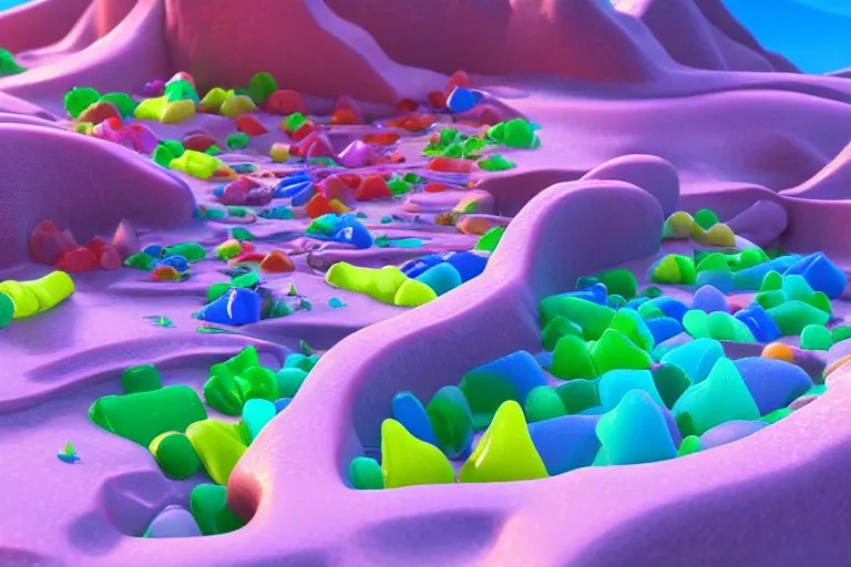 Image similar to desert oasis made of gummy candy, 8 5 mm bright - light photography, hyper detailed octane render, trending on art station