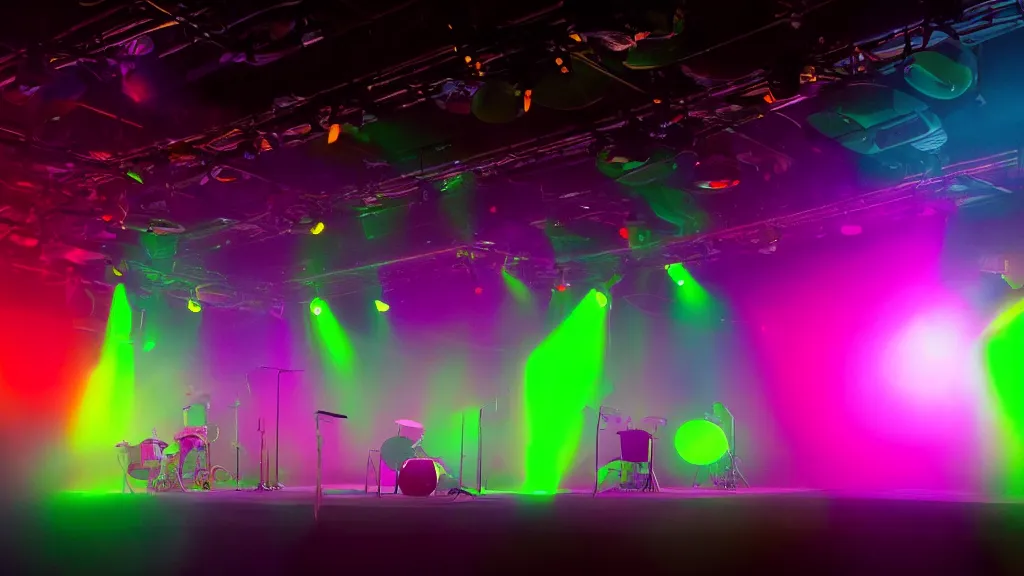 Image similar to a music stage with instruments, drums, colored spot lights cut through the fog by greta socha and pablo dominguez.