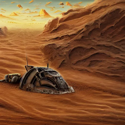 Image similar to painting of a sand landscape, futuristic, buried wreckage of steampunk robots, oasis, 4 k, desolation