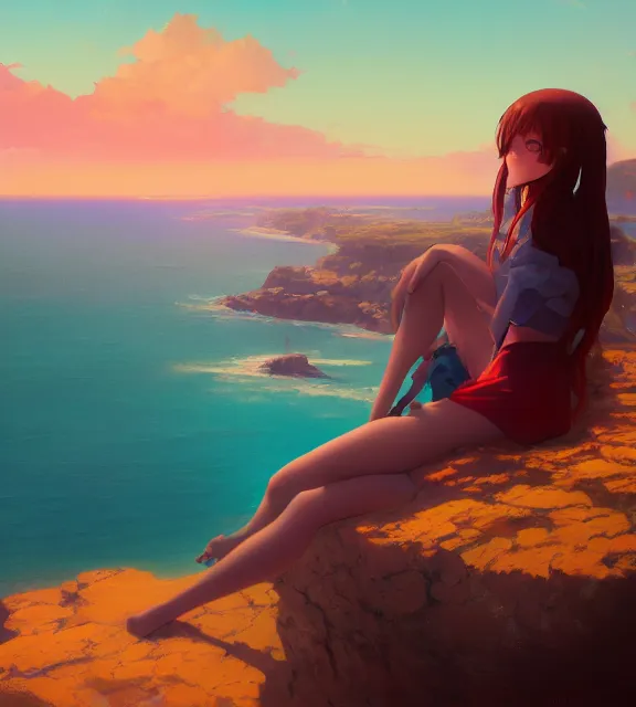 Image similar to a girl sitting on a cliff overlooking a beach. vivid colors, soft lighting, atmospheric, cinematic, moody, in the style of ilya kuvshinov and range murata, krenz cushart, oil on canvas, 8 k