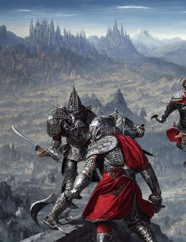 Prompt: wide angle shot from above of silver ornate armor slim handsome mma warriors in battle!!! mountains and giant gothic abbeys in the background, fine detail, 8 k, high contrast color scheme, blue at the background red at the foreground!!!, dynamic perspective, painted movie poster by greg rutkowski and peter mohrbacher