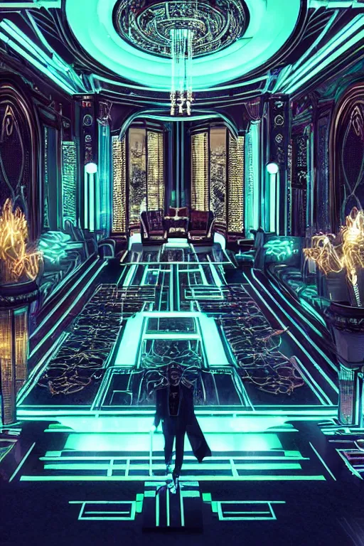 Prompt: a cyberpunk lavish party in a mansion from the great gatsby in the world of tron, flash photography, raytracing, 8 k, octane render, volumetric, vivid, beautiful, hyperrealism