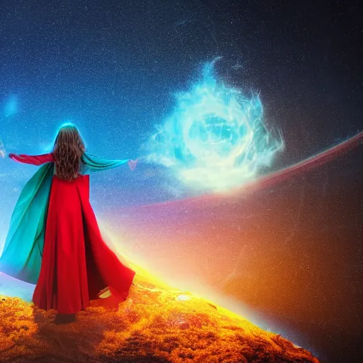 Image similar to high definition illustration of young mage woman with long blue cape, fire in outstretched hand, flowing brown hair, enjoying the view of a horizon of close planets in the sky, dense jungle, high definition, extremely detailed, 8 k, oled, beautiful lighting, shadows, reflections