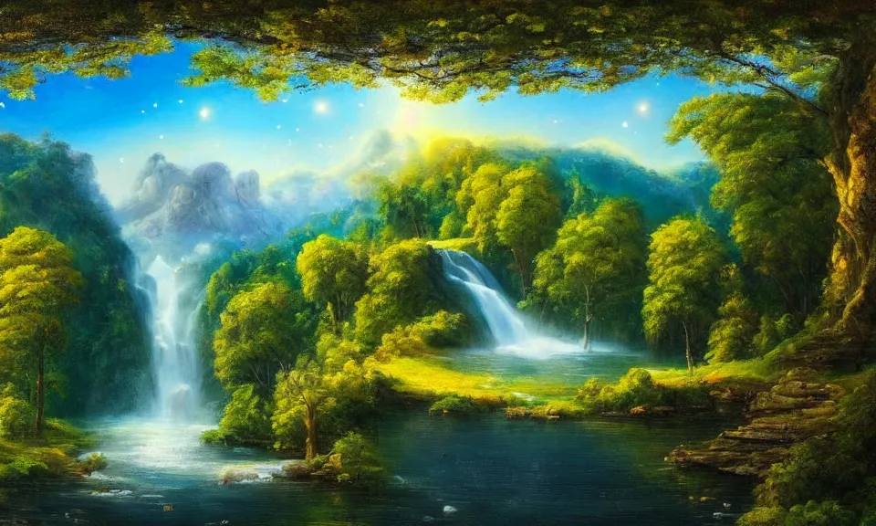 Prompt: the most beautiful panoramic landscape, oil painting, where a giant dreamy waterfall creates a river, the trees around are starting to bloom, shooting star, cinematic lighting, highly detailed, very realistic