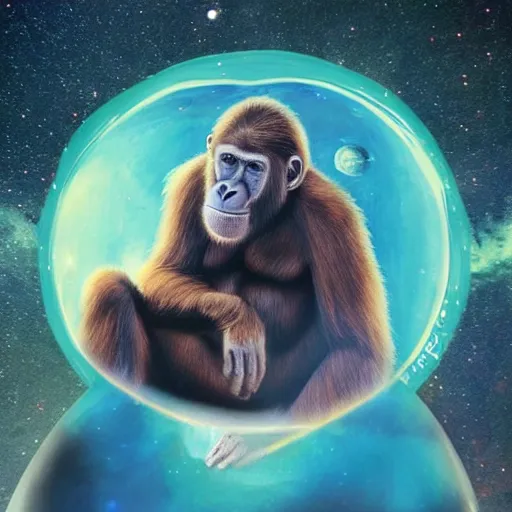 Prompt: an ape astronaut floating through the beautiful cosmos
