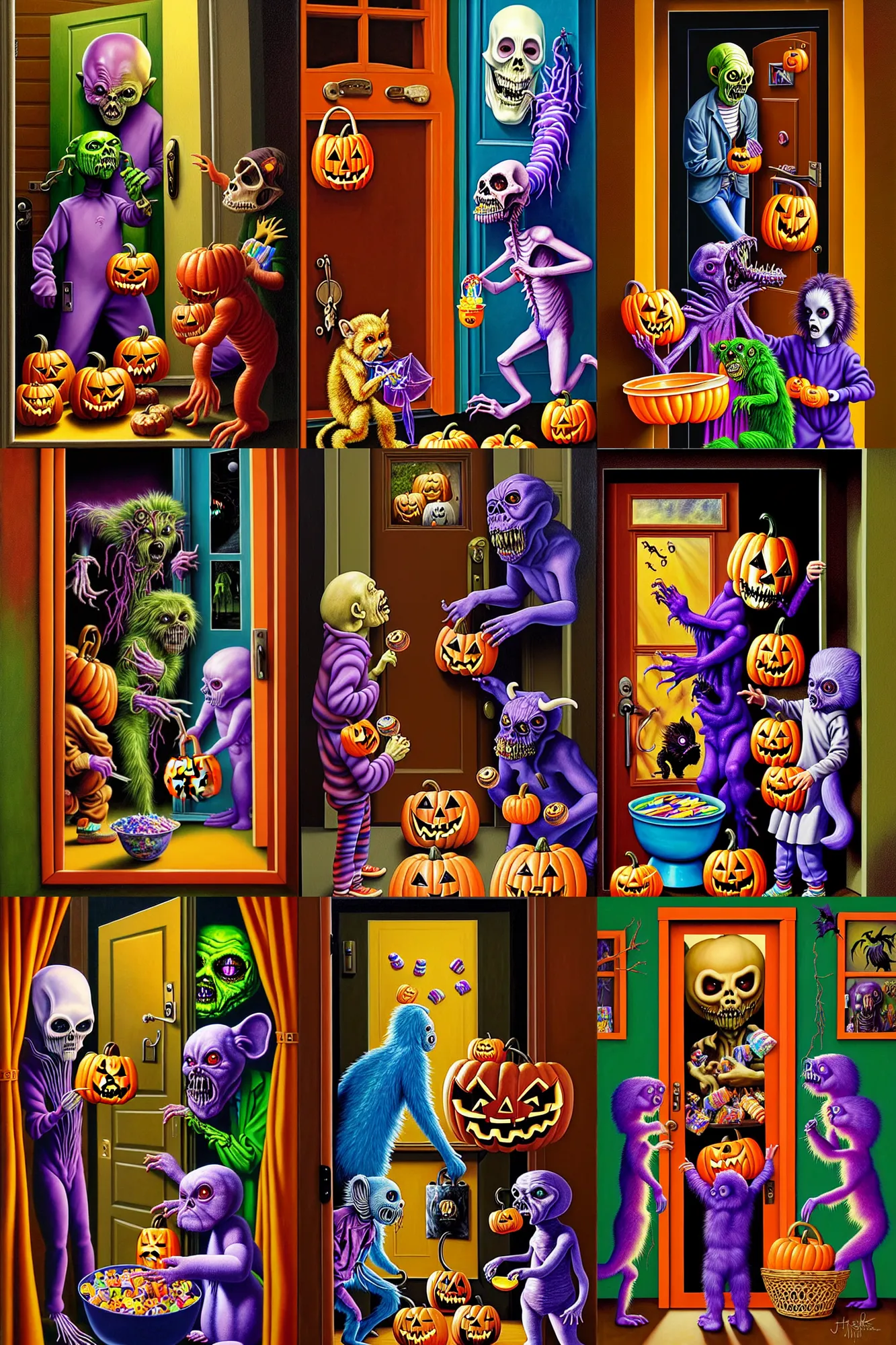 Image similar to a hyperrealistic painting of trick or treaters knocking on door and scary chimeric creature answers with bowl of candy, cinematic horror by jimmy alonzo, the art of skinner, chris cunningham, lisa frank, richard corben, highly detailed, vivid color,