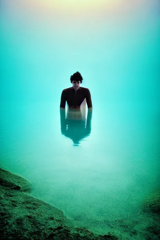 Image similar to high quality pastel coloured film mid angle docu photograph of a beautiful young 2 0 year old male, soft features, short black hair, swimming, submerged in an icelandic black rock pool environment. atmospheric. three point light. photographic. art directed. ( pastel colours ). volumetric light. clearcoat. waves glitch. 8 k. filmic.