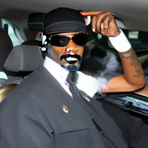 Image similar to Snoop Dogg is sitting in a police car wearing a cap C-13