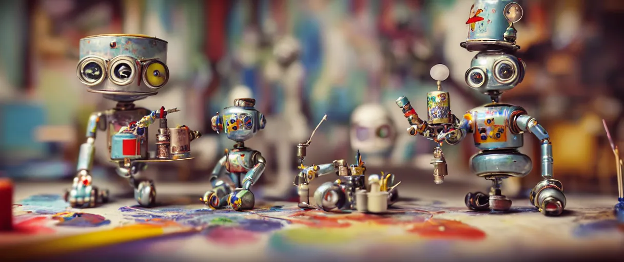 Image similar to closeup portrait of tin toy retro robots painters mixing gouache on white paper table in an artist workshop, depth of field, zeiss lens, detailed, centered, fashion photoshoot, by nicoletta ceccoli, mark ryden, lostfish, breathtaking, 8 k resolution, extremely detailed, beautiful, establishing shot, artistic, hyperrealistic, octane render