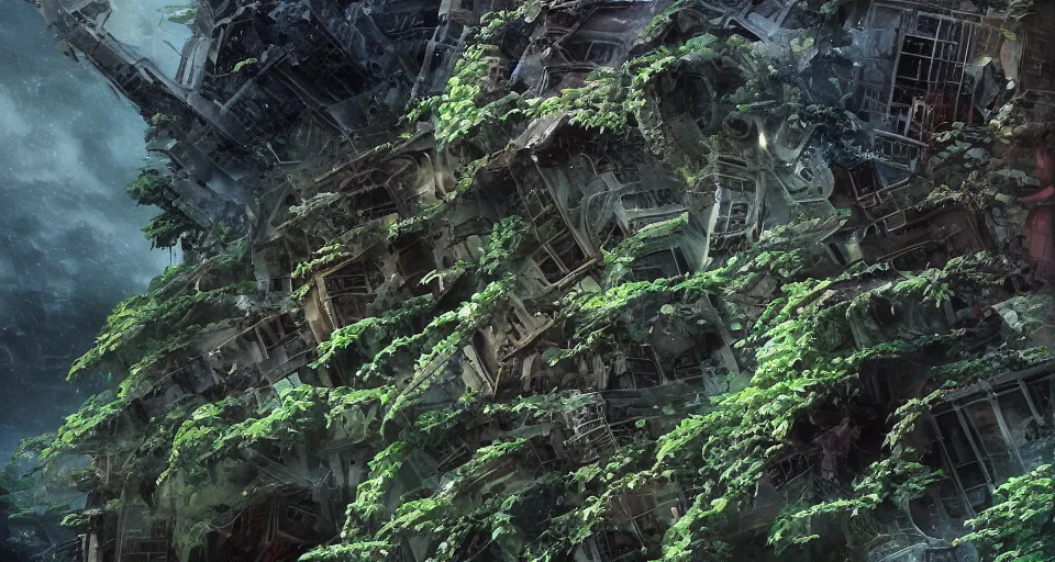 Image similar to close - up broken collided flying ship taken by ferns and vines, highly detailed, sharp focus, matte painting, by studio ghibli, by giovani magana,