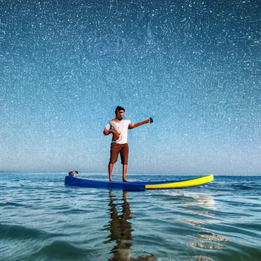 Image similar to slim pakistani male in a tshirt and shorts paddleboarding in the ocean off the edge of a flat earth, landscape, 4k, wide lens, starry night