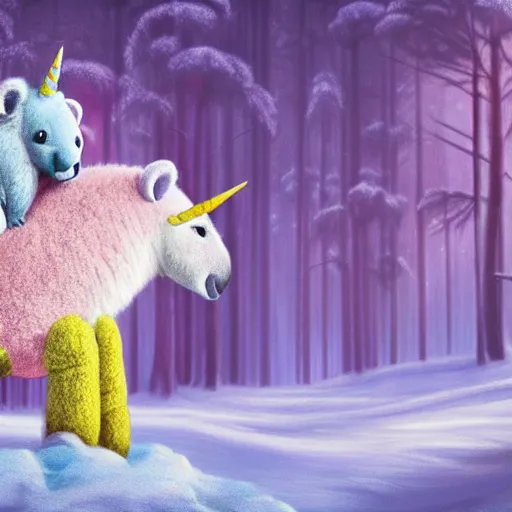 Prompt: pink and blue unicorn, koala riding on unicorn's back, koala stretches arms wide, hyper realistic style, winter forest with snow, dramatic lighting, one large yellow flower, 4k