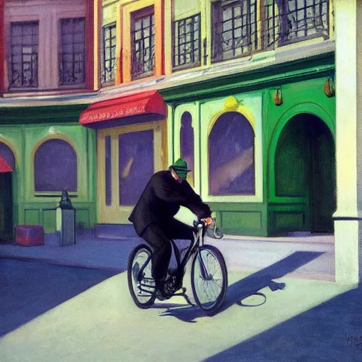 Image similar to cthulhu riding a bike in paris. edward hopper. faithfully depicted, sharp focus, global illumination, radiant light, detailed and intricate environment, trending on artstation