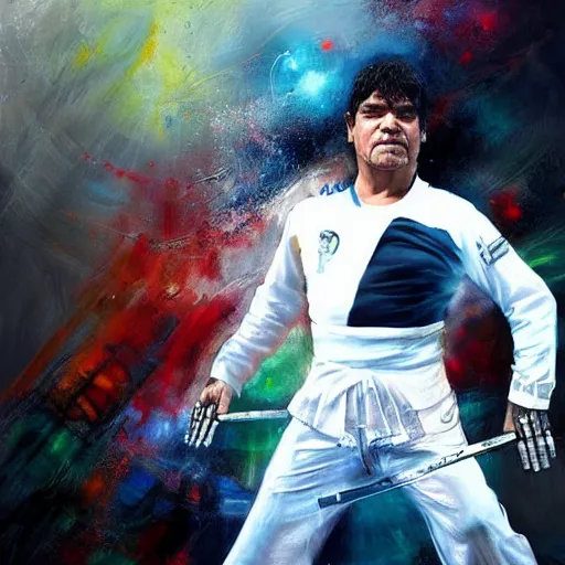 Image similar to stunning portrait of Diego Maradona playing Capoeira, painting by Raymond Swanland, cyberpunk, sci-fi cybernetic implants hq