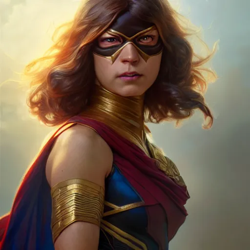 Image similar to portrait painting of ms. marvel as a warrior fairy, ultra realistic, concept art, intricate details, eerie, highly detailed, photorealistic, octane render, 8 k, unreal engine. art by artgerm and greg rutkowski and charlie bowater and magali villeneuve and alphonse mucha