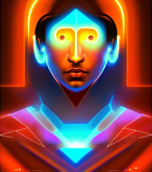 Image similar to symmetry!! indian prince of technology, solid cube of. light, hard edges, product render retro - futuristic poster scifi, lasers and neon circuits, brown skin handsome indian prince, intricate, elegant, highly detailed, digital painting, artstation, concept art, smooth, sharpfocus, illustration, dreamlike, art by artgerm