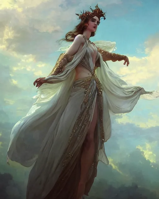 Image similar to a beautiful close up portrait of a sorceress floating on air with elegant looks, flowing robe, ornate and flowing, intricate and soft by ruan jia, tom bagshaw, alphonse mucha, wlop, beautiful roman architectural ruins in the background, epic sky, vray render, artstation, deviantart, pinterest, 5 0 0 px models