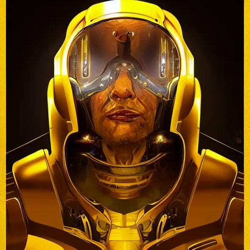 Image similar to “A portrait of a cyborg in a golden suit, D&D sci-fi, artstation, concept art, highly detailed illustration.”