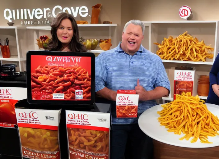 Prompt: qvc tv show product showcase pile of nasty chili cheese fries, chunky fat sales men, studio lighting, limited time offer, call now, extremely detailed, horror, 4 k, hd