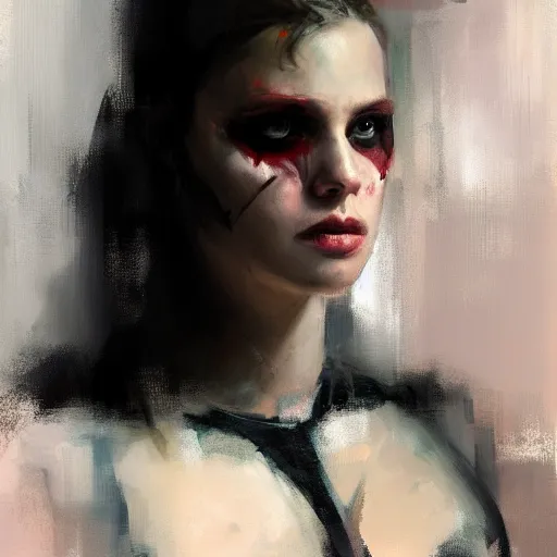 Image similar to a feminine version of female batman jeremy mann painting