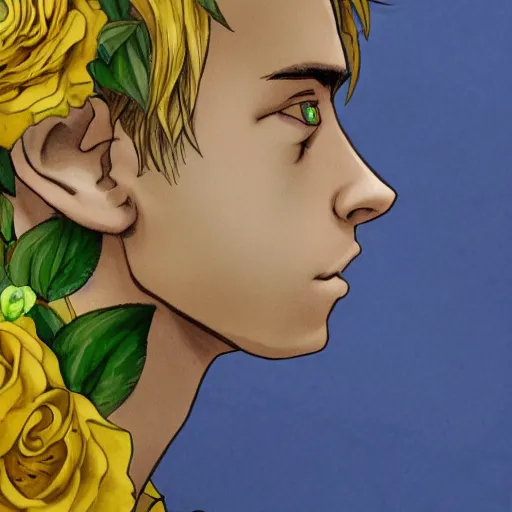 Image similar to a side view portrait of 1 5 years old young and beautiful giorno giovanna, green and yellow roses fill the background, fantasy, detailed, cinematic, tarot card, highly detailed, golden ratio, pixiv