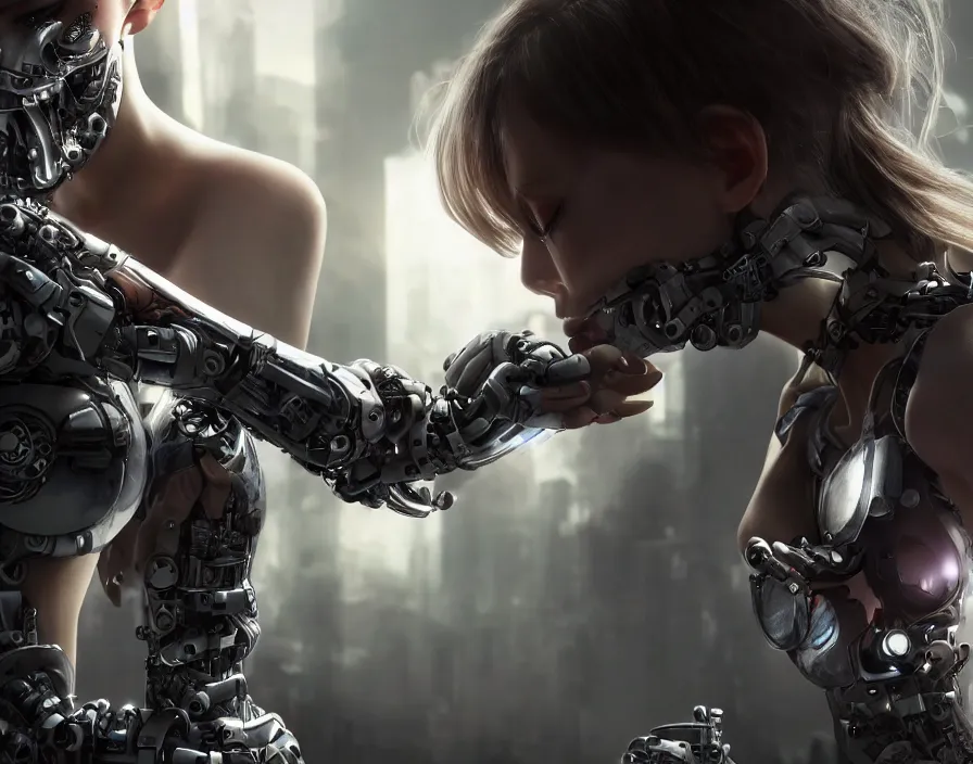 Image similar to a cyborg girl fixing her detached arm, cyberpunk, realistic fingers, realistic body, realistic clothing, beautiful texture, beautiful graphics, fantasy artwork, very beautiful scenery, hd, hdr, ue 5, ue 6, unreal engine 5, cinematic 4 k wallpaper, 8 k, ultra detailed