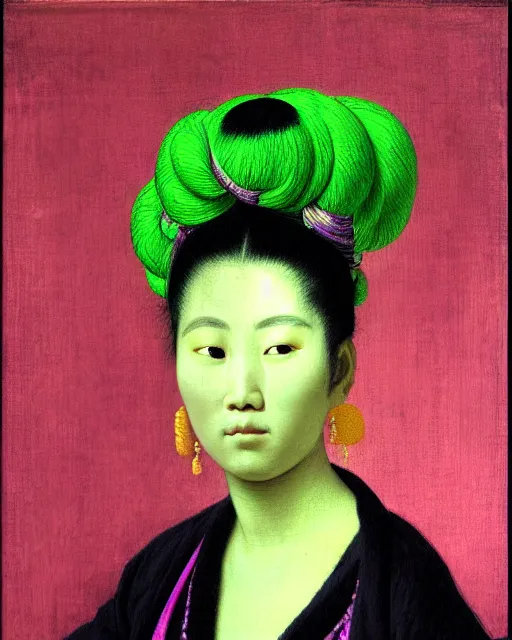 Image similar to photo-realistic portrait of an asian woman with purple hair buns, wearing a neon green dress by Vivienne Westwood, intricate details, masterpiece, in the style of Jean Auguste Dominique Ingres, black background